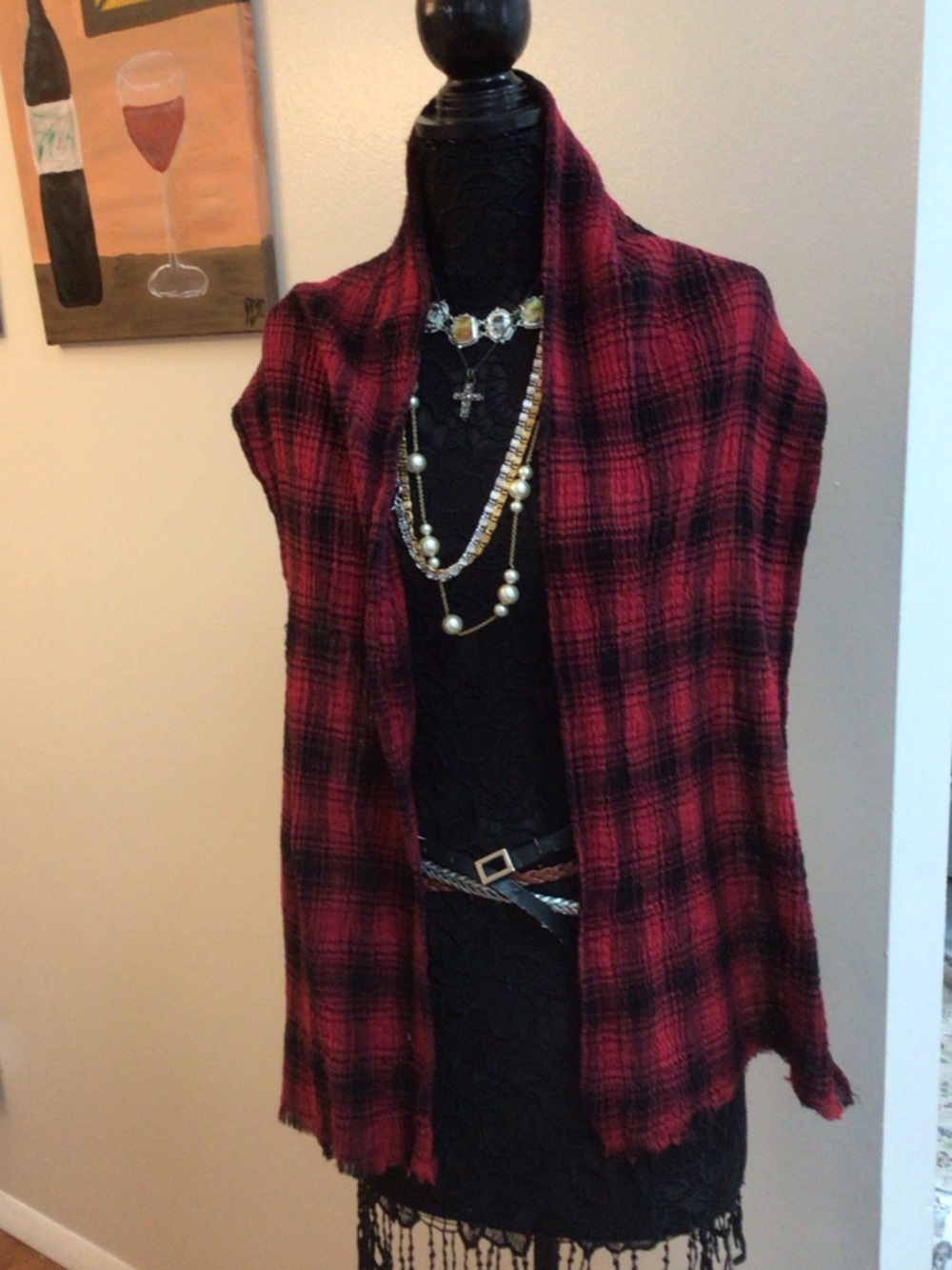 Red and Black Plaid wide scarf / shawl 66 inches long stretchy